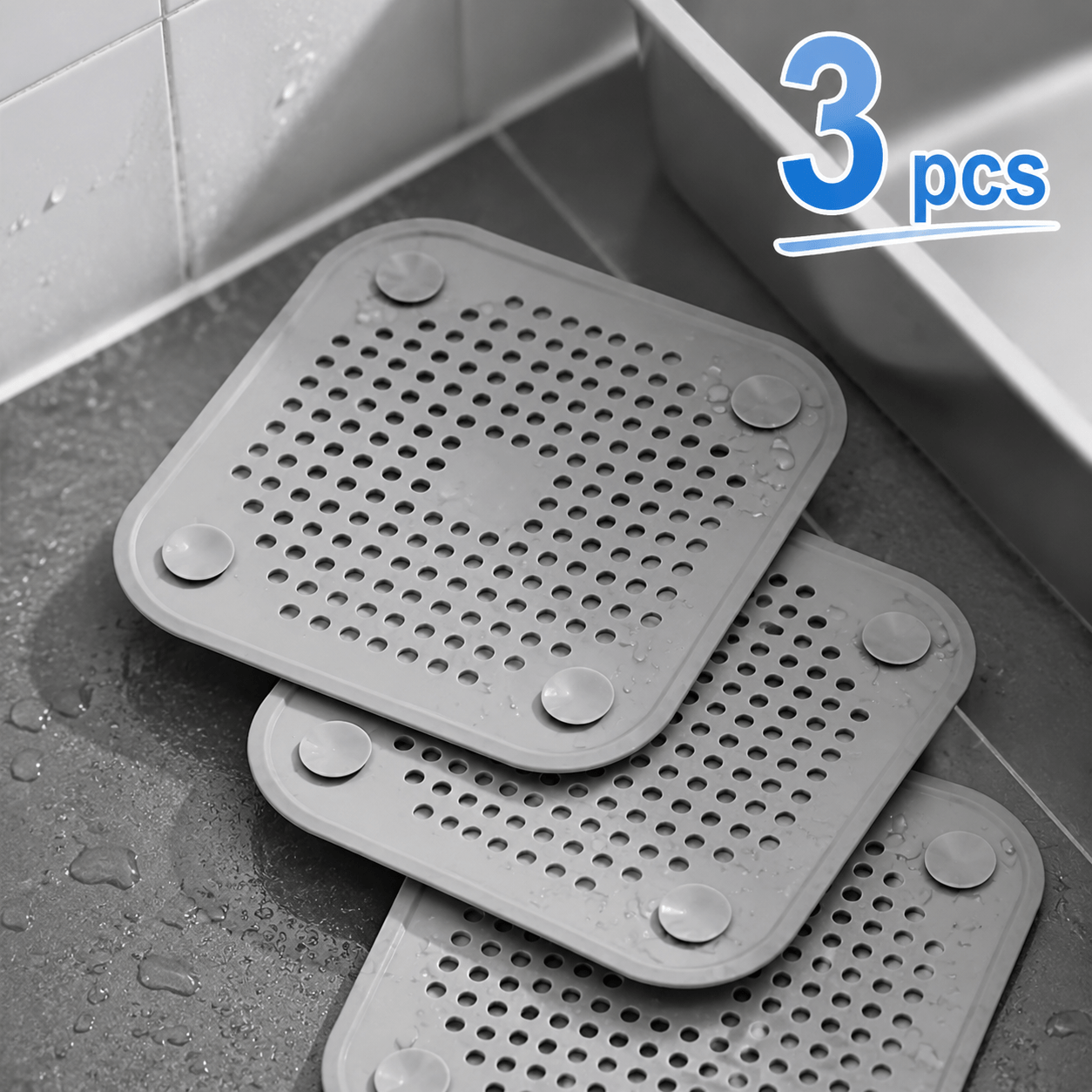 3pcs Soft Flexible Silicone Drain Filter Mats With Non-slip Suction Cups, Trap Hair To Prevent Clogs, For Bathroom Shower Kitchen Sink Wash Basin