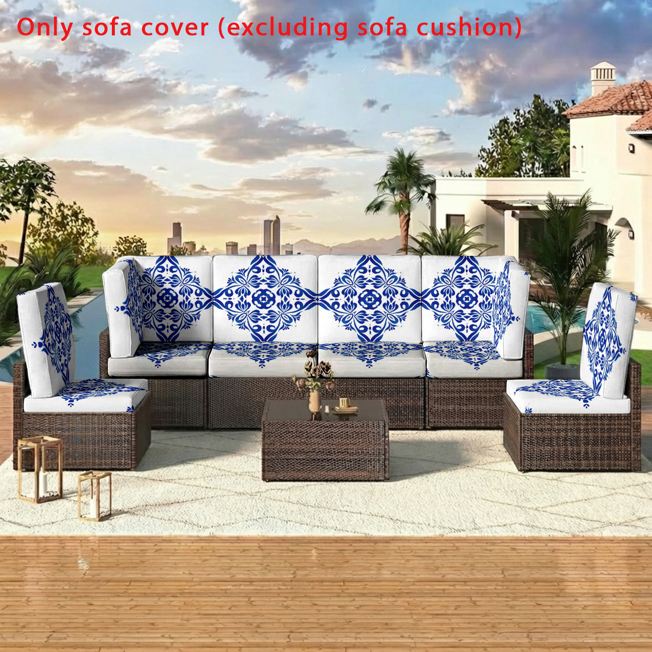   per cuscino   2d piatta blu e   con motivo   stampato,   in tessuto di ricambio per cuscino  , bordo elastico facile da installare, adatta per poltrone,     per cuscino   multi- , adatta per giardini, hotel, ristoranti