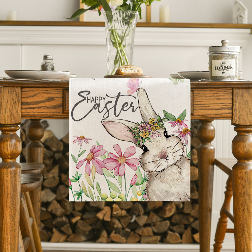 

Daisy Bunny Easter Table Runner - 13x72 Inch, 100% Polyester, Watercolor With "" Text, & Party Decor