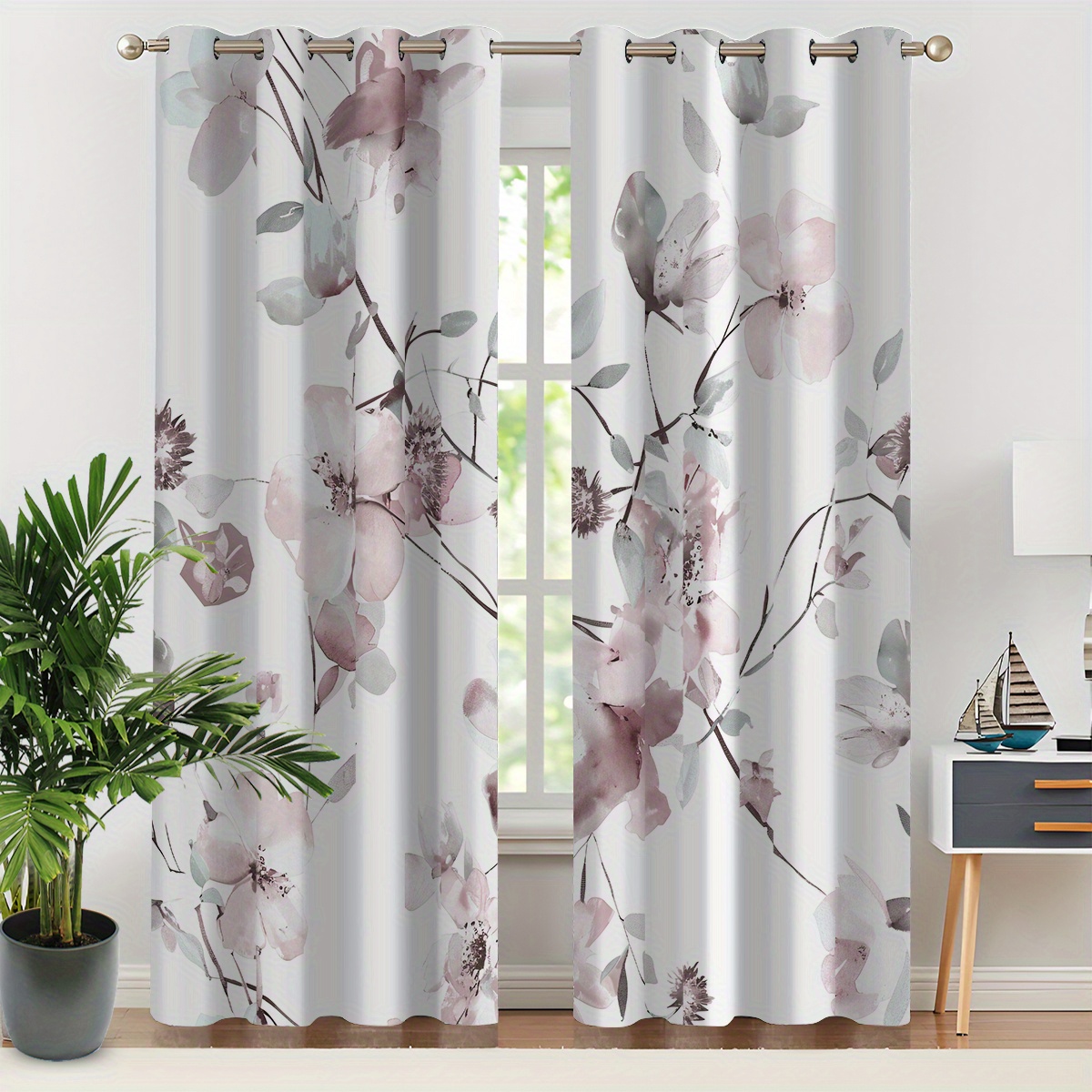 TEMU 2pcs Set "flowers, Leaves, Nature, Freshness." Easy. . Digital Printing Technology, Semi-transparent Curtain Fabric For Living Room, Bedroom,