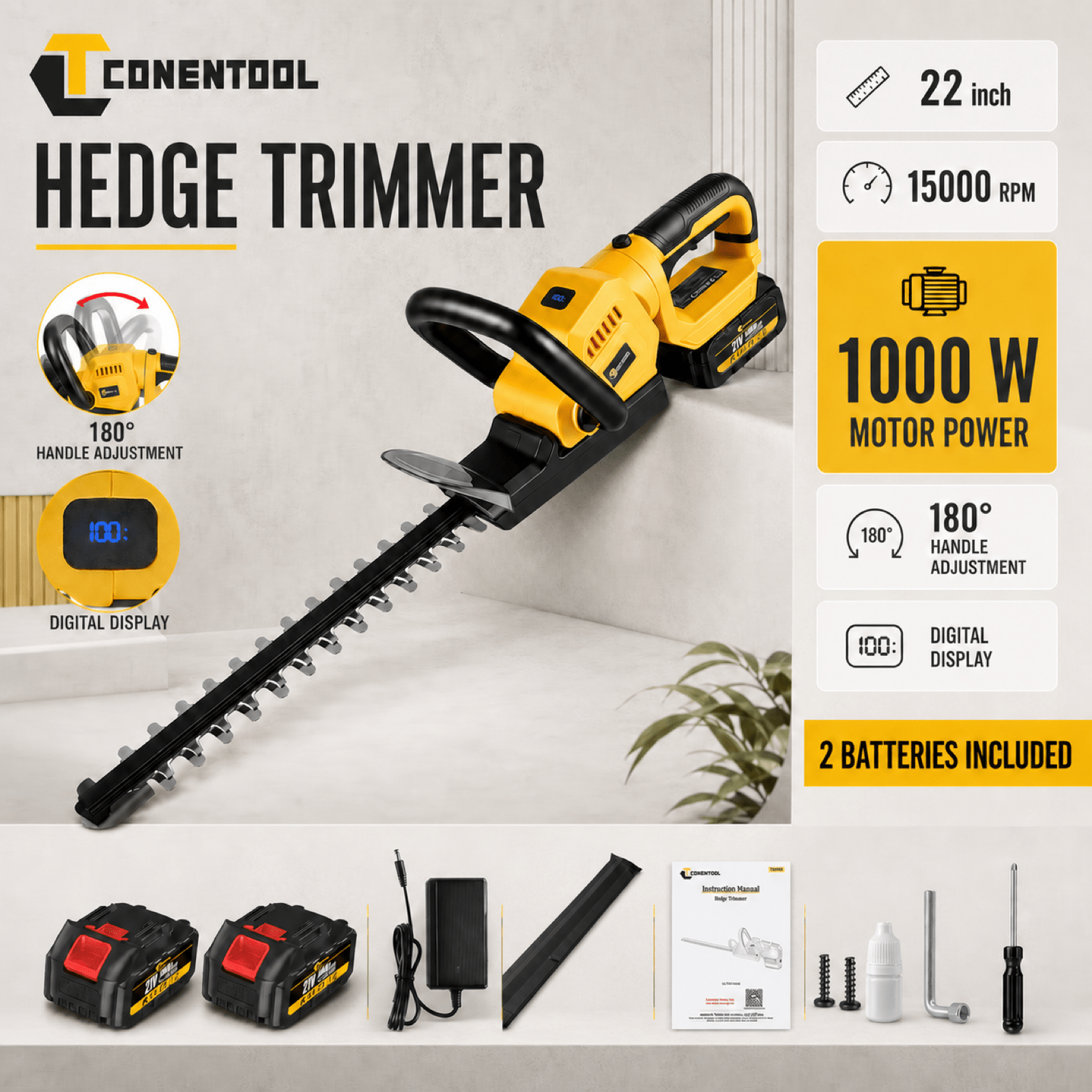 180° Adjustable Handle - Conentool 21v Cordless Hedge Trimmer | 22-inch Blade | Battery Display | 4000mah Long | For Gardens, & Parks | Summer Trimming