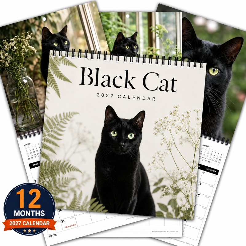 TEMU 2027 Wall Calendar, 1pc 2027 Black Cat Wall Calendar, 12 Months Jan 2027 To Dec 2027 Spiral Bound Hanging Monthly Planner With Large Blocks,