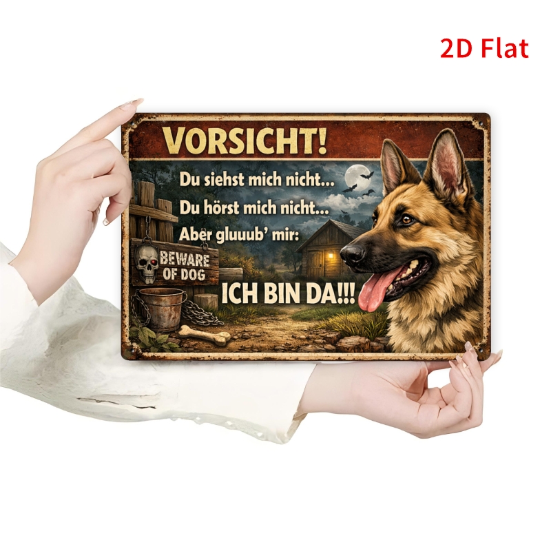 TEMU 2D Flat - [2Dflat] . 30X20Cm - Lustiges "Vorsicht, ich bin da" Metallschild, Retro Deutscher Schäferhund "Hunde sind gefährlich" Blechplakette,
