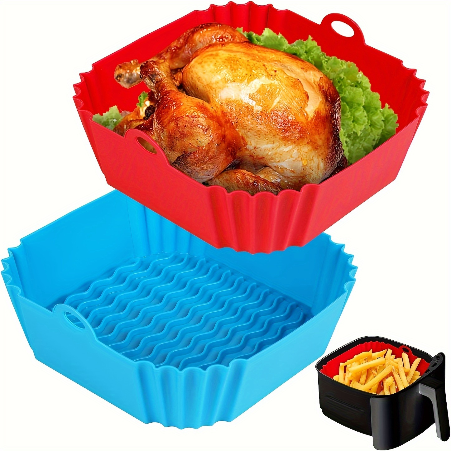 1pc reusable square silicone air fryer lining 8 non stick   air fryer accessory for 4 7qt ovens microwave refrigerator safe no electricity needed red blue details 0