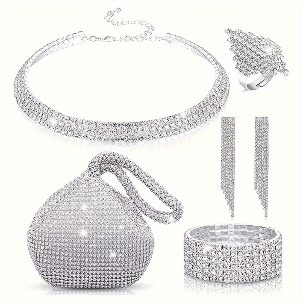 TEMU Ladies' Fashionable Sparkling Handbag Decoration Dinner Bag Party Jumpsuit Bag Tassel Earrings Necklace Ring Bracelet 5pcs Set
