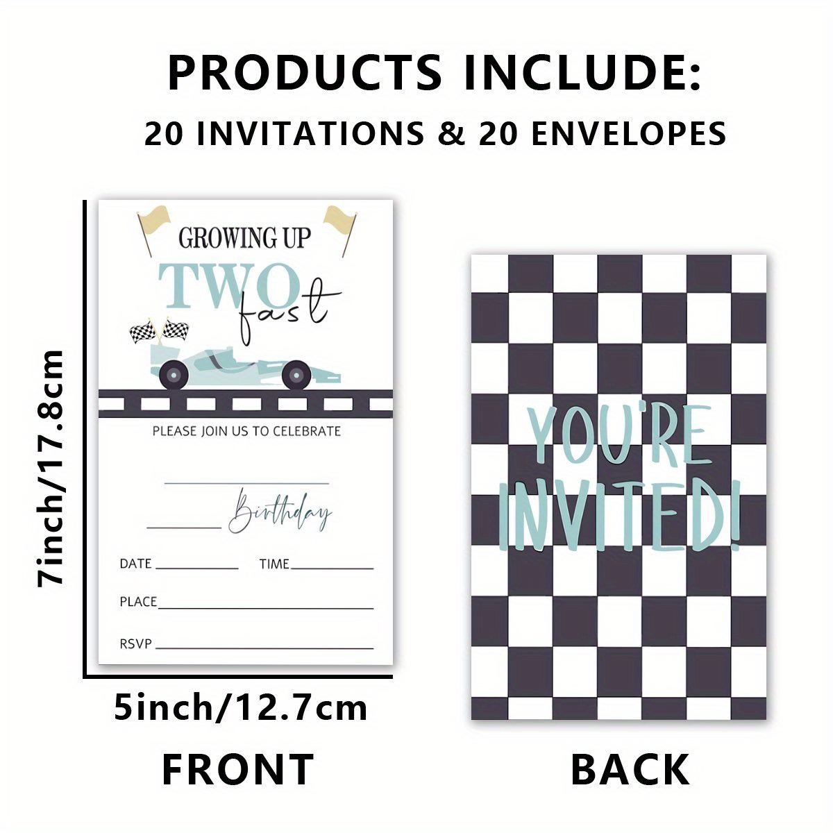 TEMU 20pcs Cartoon Birthday Invitation Cards With Envelopes – 2 Fast Theme, Checkered & Striped Designs, ' Parties And Graduation Celebrations