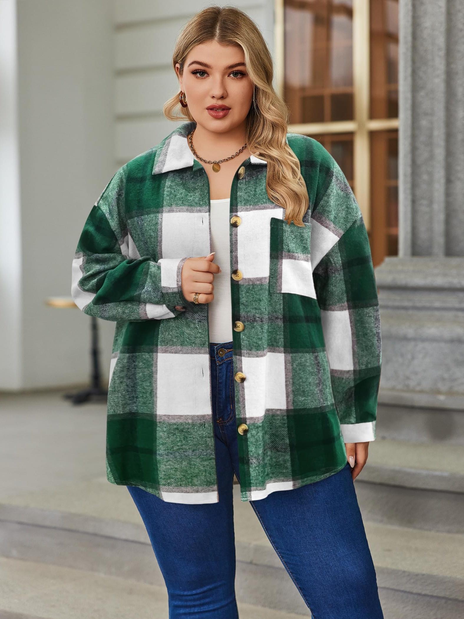Women's Plus Size Flannel Shacket Long Sleeve Button- Jacket, Dark  Blue White Checkered Casual Coat for Fall/Winter, Polyester