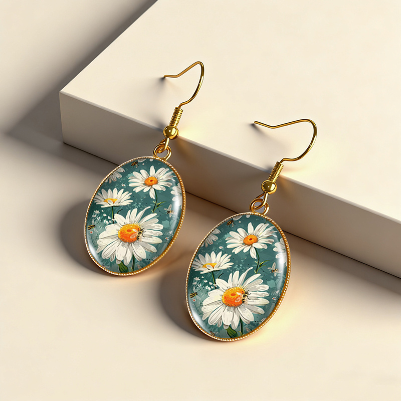 Forest Style Daisy And Bee Illustration Dangle Earrings