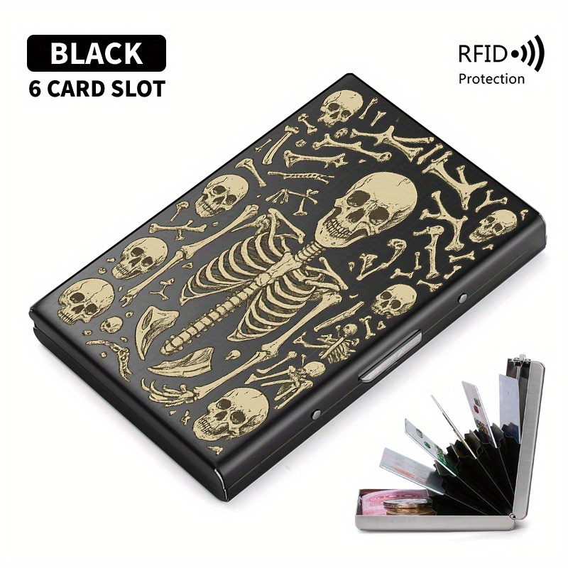 TEMU Porte-Cartes Métallique Anti-RFID à Motif Crâne et Squelette pour , Design Pop-Up, Finition Gaufrée , Protection de Cartes Unisexe avec Stockage