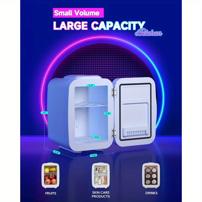 Mini Fridge 4 Liter 6 Cans Small Refrigerator with Dimmable LED Light AC DC Portable Thermoelectric Cooler and Warmer Gaming Mini Fridge for Bedroom Office Gaming Room and Car White
