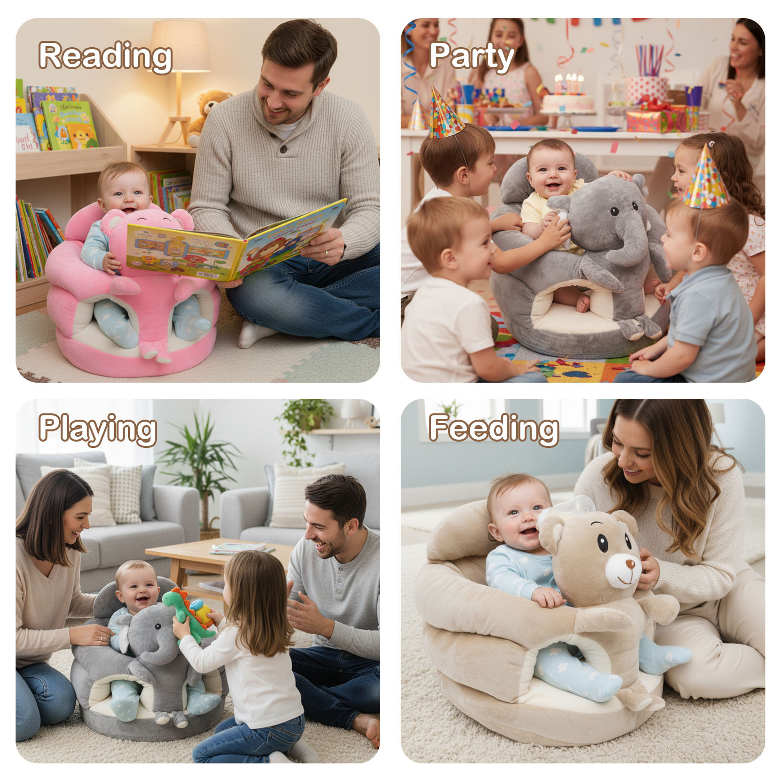 Plush Elephant Baby Support Seat - Ultra-Soft Cushioned Infant Lounger with Grey & White Elephant Design, Tummy Time Bed for & Toddlers, Non-Toxic Soft Fabric, Ideal Gift for Christmas, Birthdays, (No Assembly Required