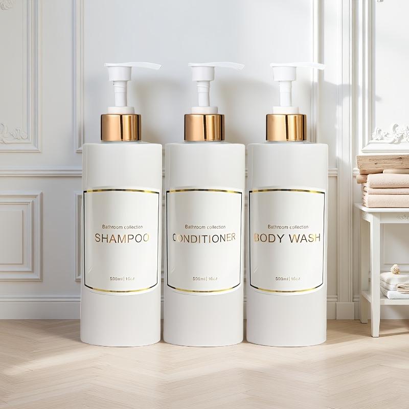 TEMU 3pcs Set Of Luxurious Golden-decorated Dispensers - Portable Rerefilling Shampoo & Conditioner Dispensers For Bathrooms, Elegant Black & Golden