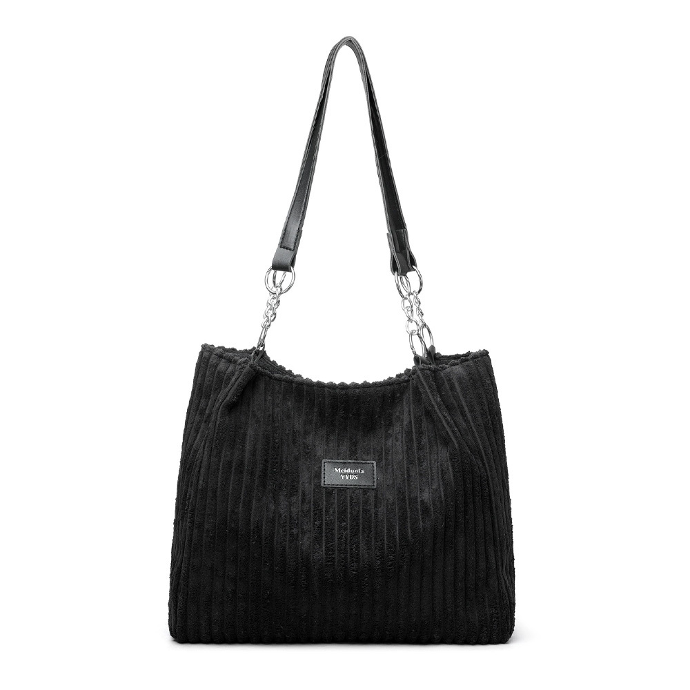 1pc Women's Vertical Corduroy Tote Shoulder Bag, Large Capacity Chain Handbag, Casual Soft Daily Purse For School Shopping Travel