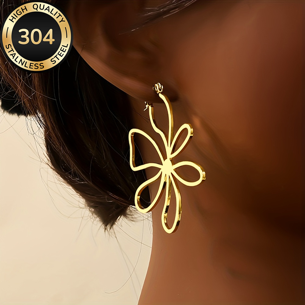 TEMU Jorell Women's Plated Stainless Steel Flower Earrings Suitable For Daily Wear & Parties, Hypoallergenic Tarnish-resistant Ear Jewelry, Elegant