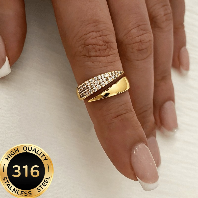 TEMU 1 anillo de mujer de lujo y romántico, moda 316 de acero inoxidable con incrustaciones de circonita sintética y ajustable - Hipoalergénico -