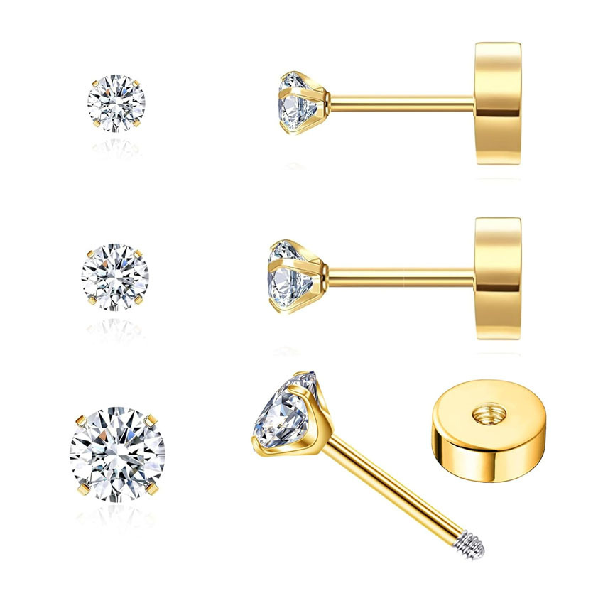 E-shop 3 Paar Sets Stjarna Ball Ohrringe Set 304 304 304 304 Edelstahl Flache Rückseite Schrauben Ohrstecker Damen Herren Schmuck, Ohne Batterie