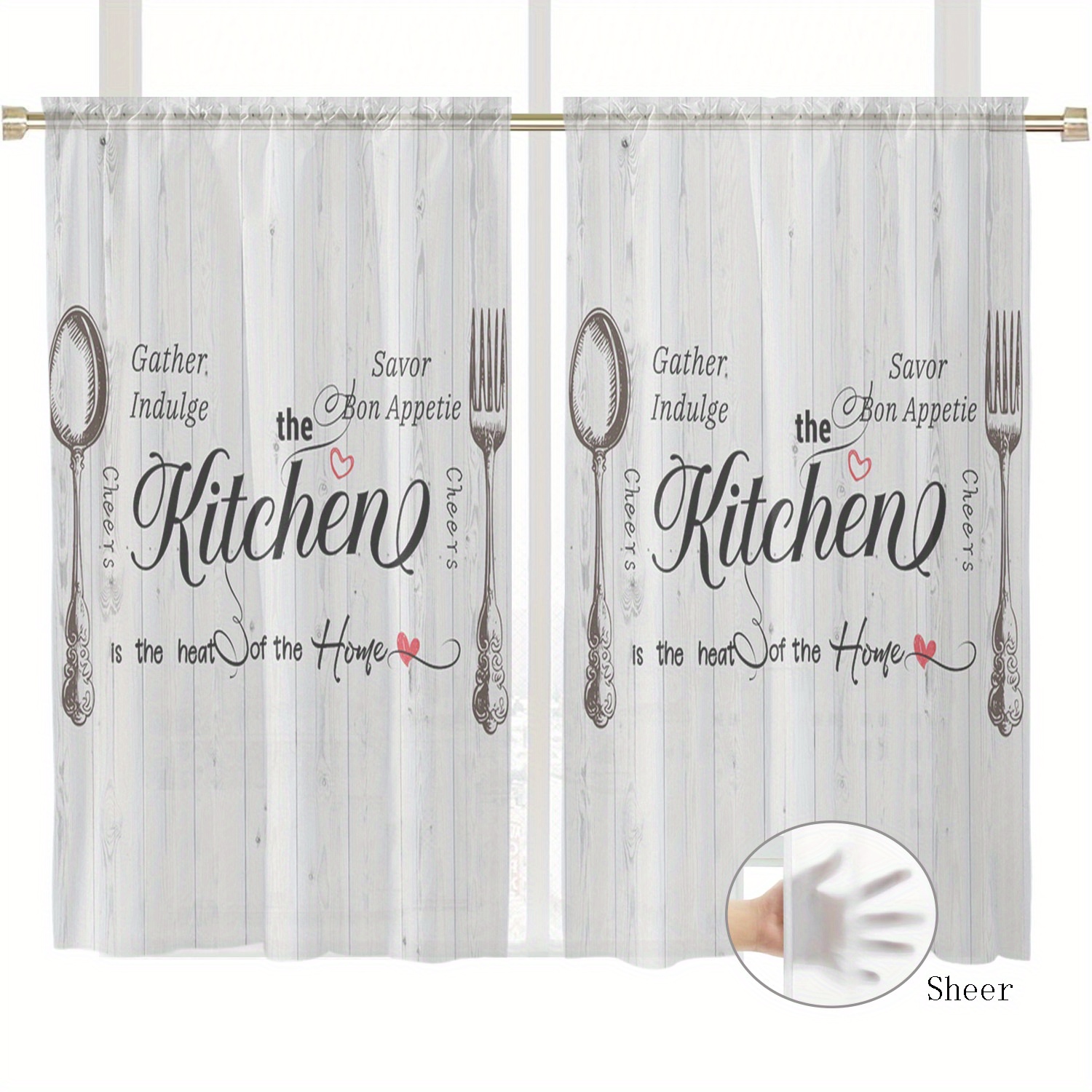 TEMU Lot de 2 Rideaux Transparents à Thème Ferme avec Motif d'Ustensiles, Rideaux en Mousseline pour Cuisine, Style à Poche pour Tringle, Décoration