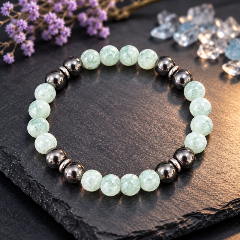 Exquisite Handmade Bracelet with Natural Green Water Ripple Beads