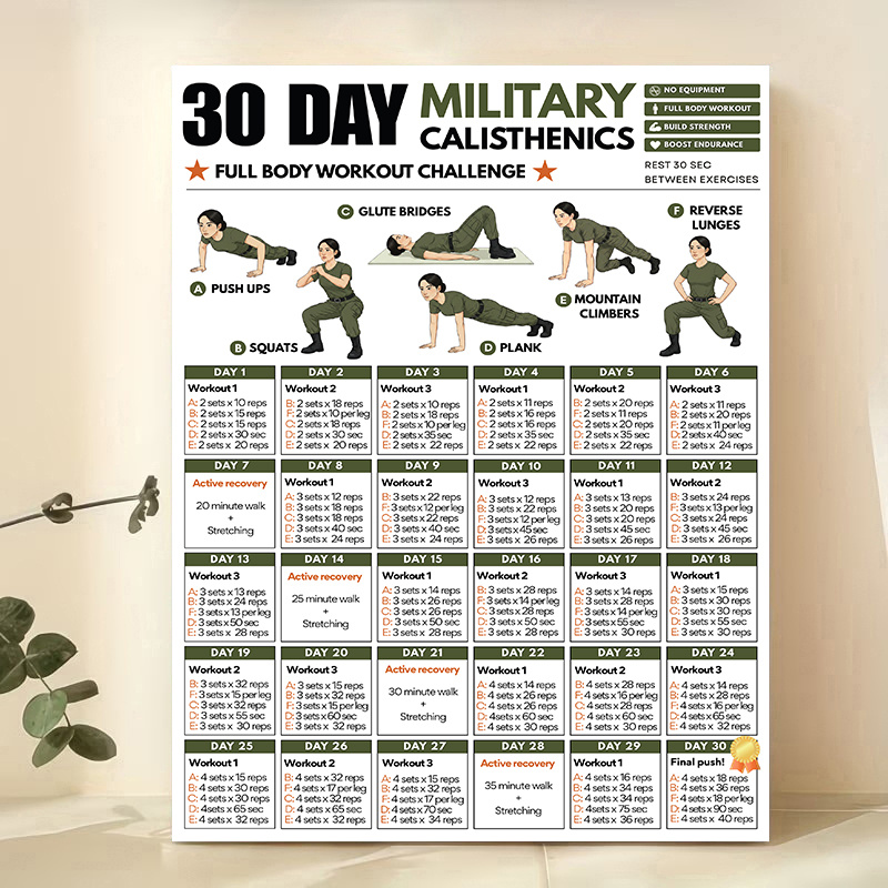 Military Calisthenics Poster Full Body Chart Home Gym Decor Bodyweight Exercise Guide Unframed 8x10 Inches: retailer-supplied image