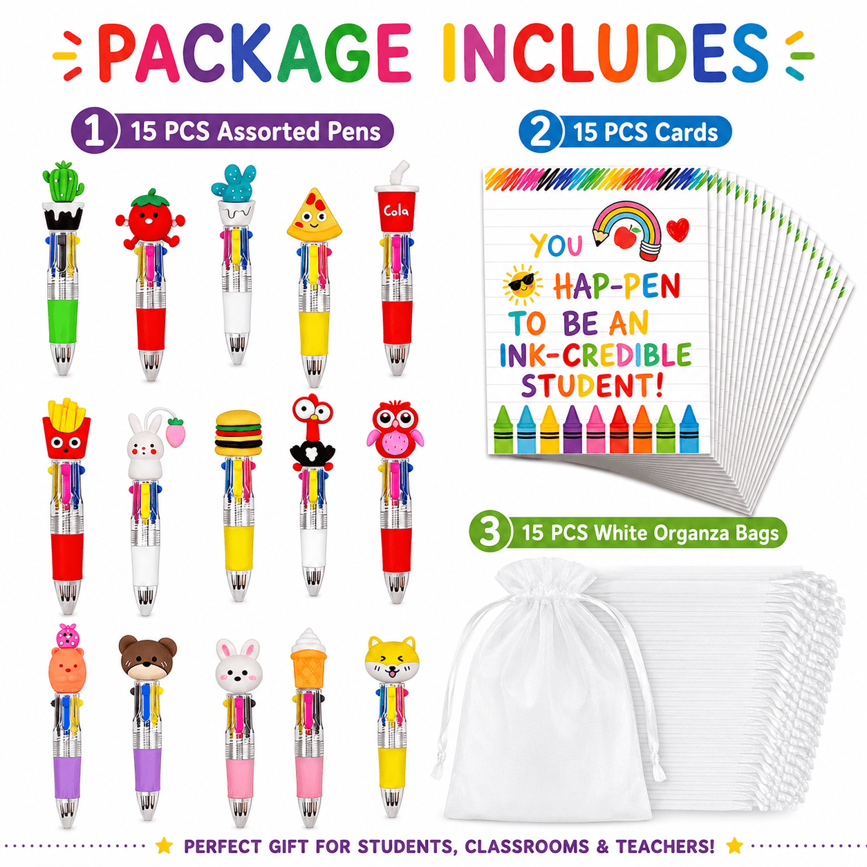 TEMU 15 Sets Cartoon 4-in-1 Pens And Cardstock (with Mesh Bag), Christmas Party Gift, School-themed Holiday Present, Gift For Students , Cute