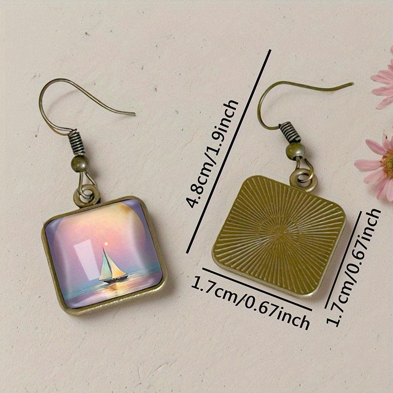 Vintage Square Earrings with Sunrise Sailboat Design