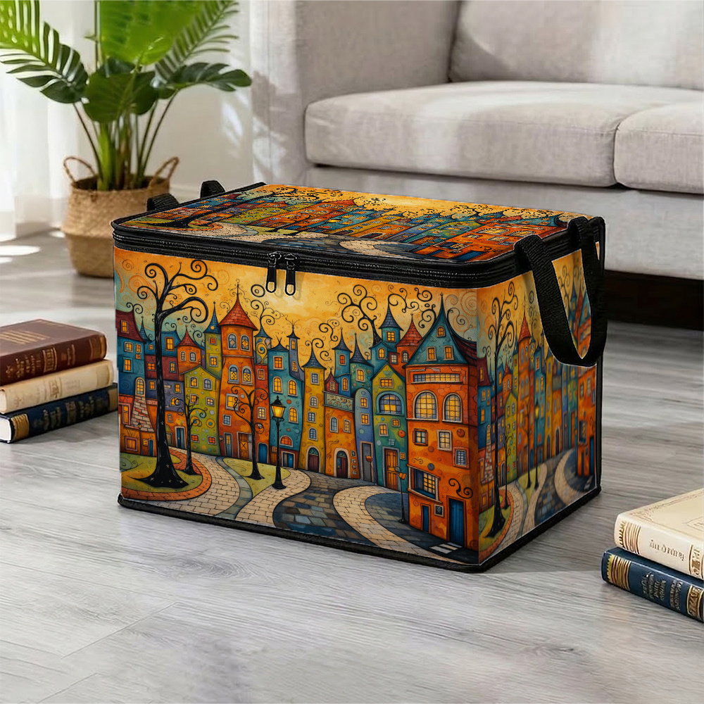 TEMU 1pc Artistic Scene Print Storage Box - Colorful City Street Painted Foldable Organizer For Blankets, Quilts, And Clothes For, Sturdy Zipper,