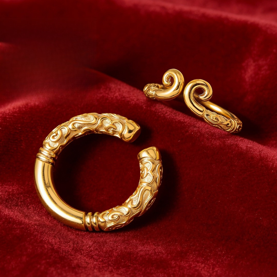 2pcs Golden Hoop & Black Wukong Couple Ring Set, Vintage Style