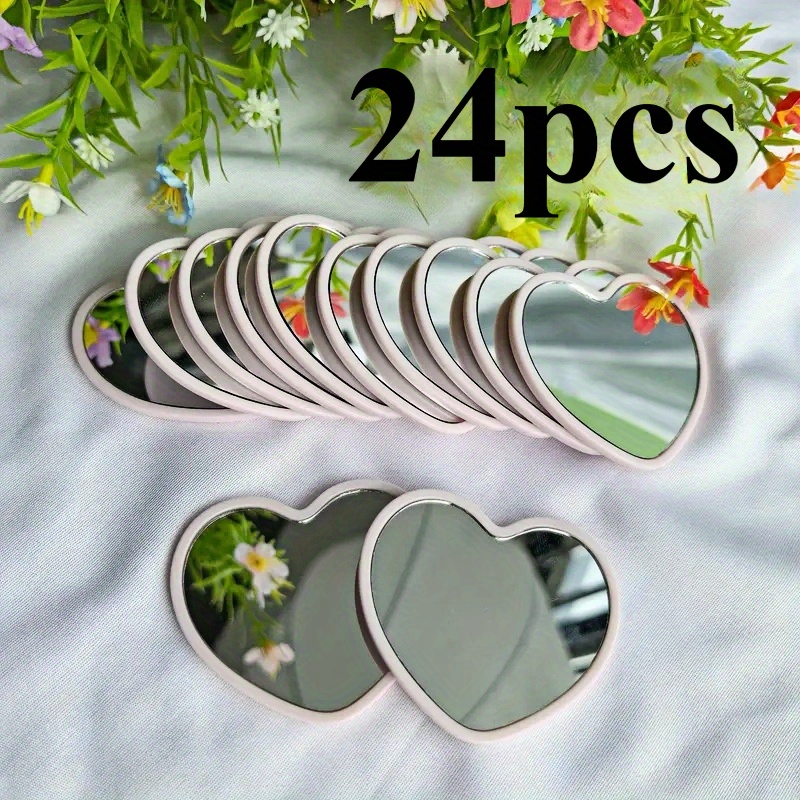 TEMU 24pcs Heart-shaped Portable Mirrors - 3 Colors( Black, White, Pink) Minimalist Glass Makeup Mirrors For Travel, Gifts, Home Decor - No Battery
