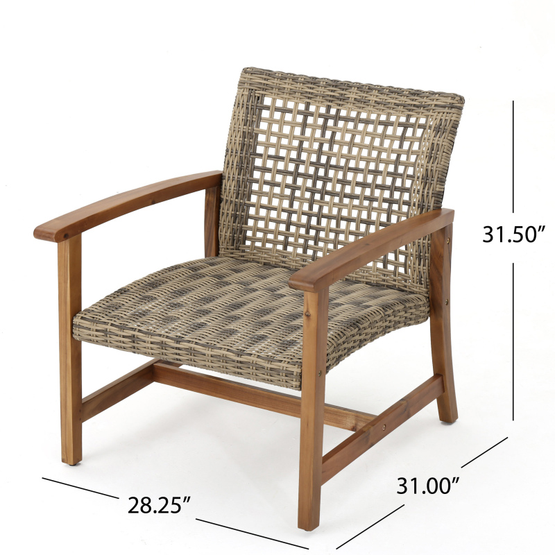 Outdoor Acacia Wood Wicker Club Chairs with Acacia Wood Frame, 2pcs Set