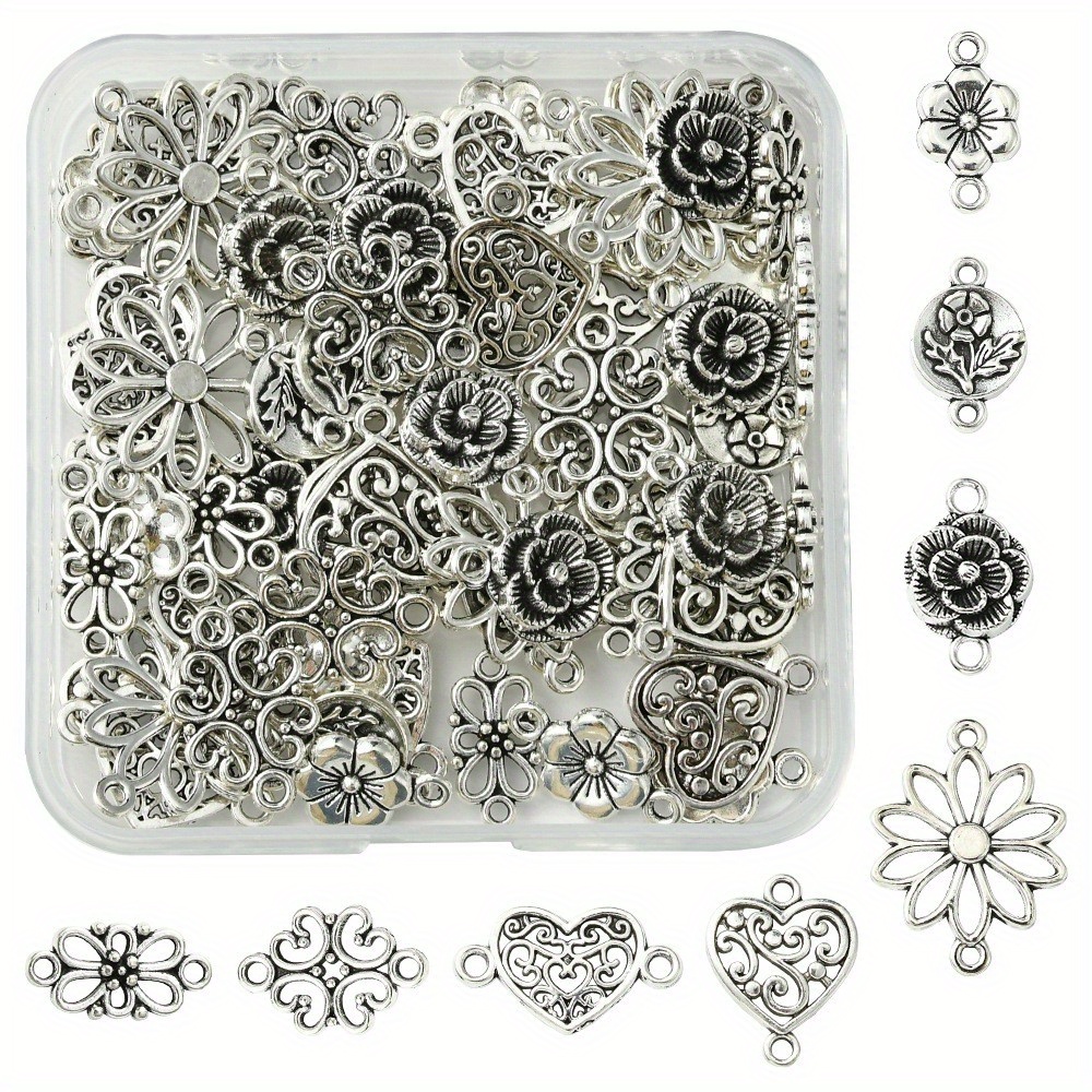 TEMU 64 pièces de 8 styles de /connecteurs en alliage, variées, argenté antique, 12~25x8~21x1.5~3.5mm, trou : 1.5~2mm, 8 pièces/style