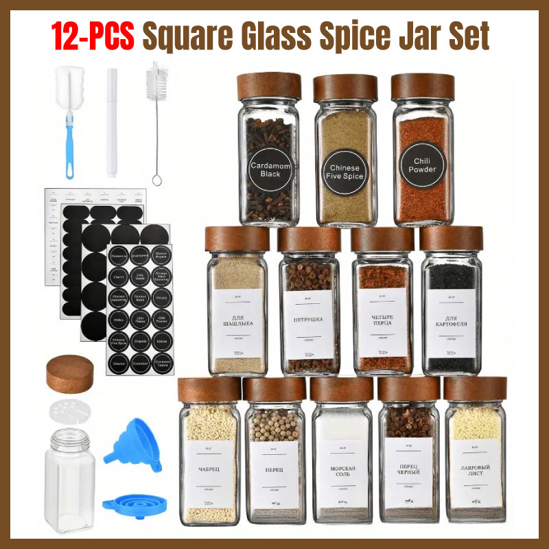 TEMU 12pcs Bpa-free Glass Spice Jar Set With Lids & Salt/pepper Shakers Suitable For Cooking, Pantry Storage, Glass Bottles For Spices, Herbs,