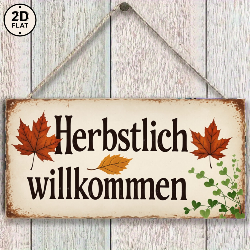 Image of 2d Flat - A Cream-colored Autumn Welcome Sign Featuring And Green Vines, With The German 'herbstlich Willkommen', Perfect For Home Decoration As A Flat Wooden Hanging Plaque