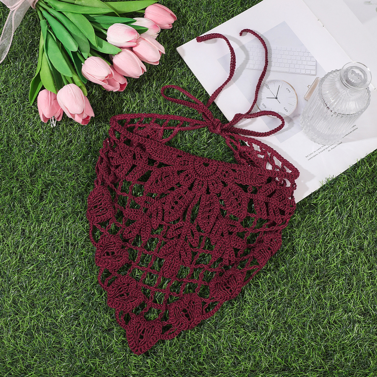 TEMU 1pc Hollow Handmade Crochet Triangle Scarf Bohemian Style Headband Waist Accessory Apron Fashion Scarf Headband