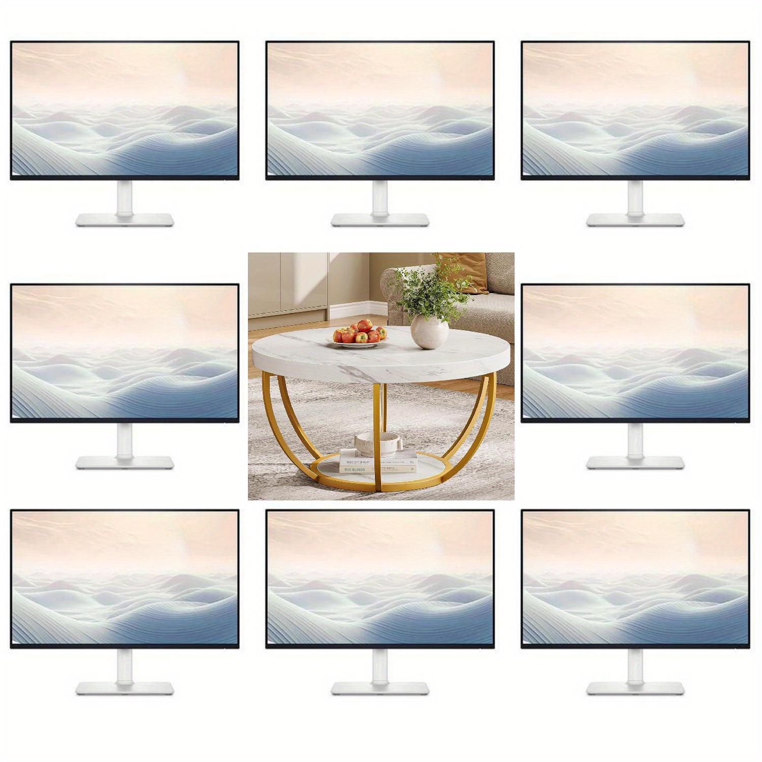 Image of Modern Round Coffee Table, 2 Tier Coffee Table With And Golden Metal Legs, Circle Center Table Tea Table Accent Furniture For Living Room, White And Golden