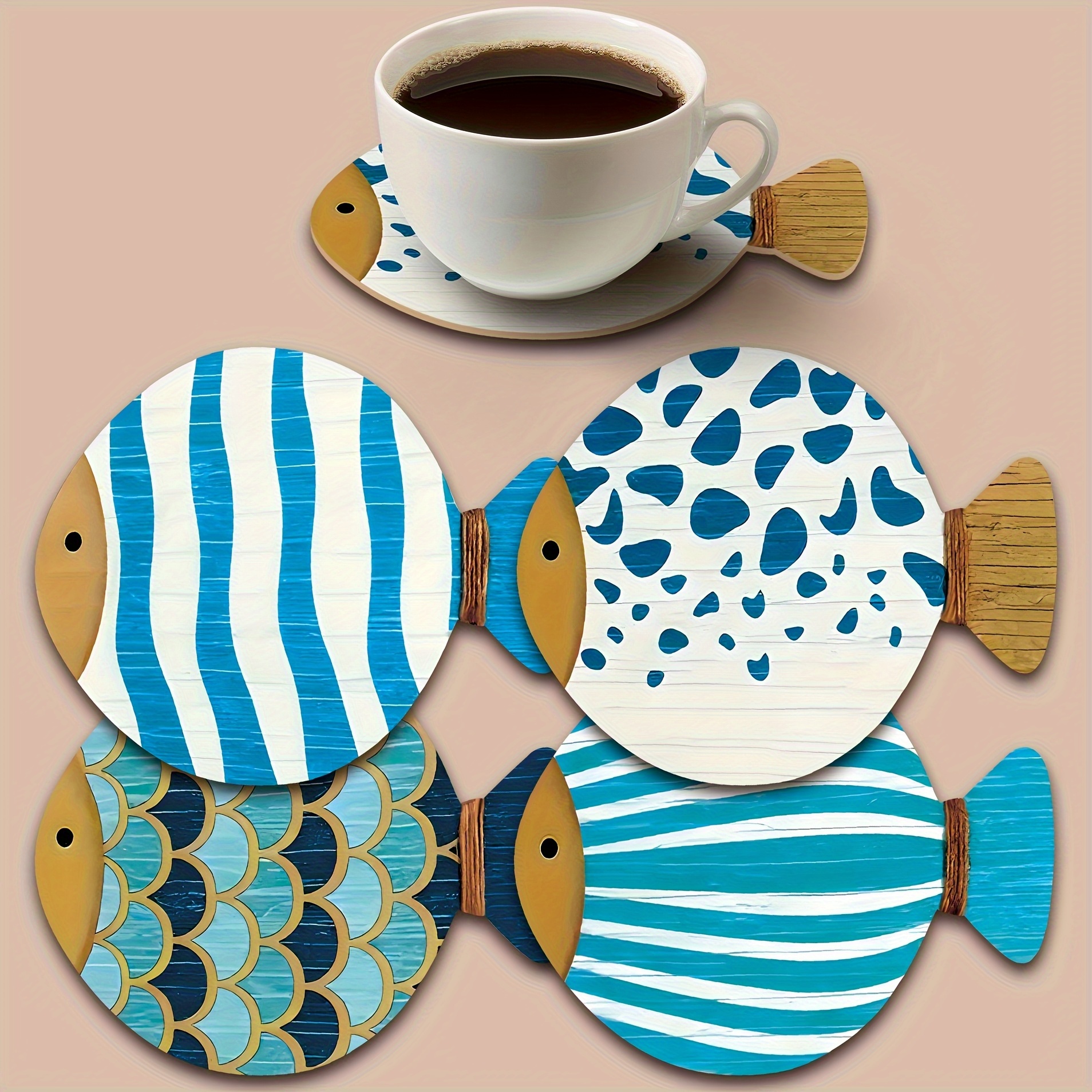 TEMU 4pcs Whimsical Fish-shaped Wooden Coasters - & White Patterns, Heat-resistant, Lovers, Ideal For Home, Bar, Or Office Decor, 3.93" X 4.88"