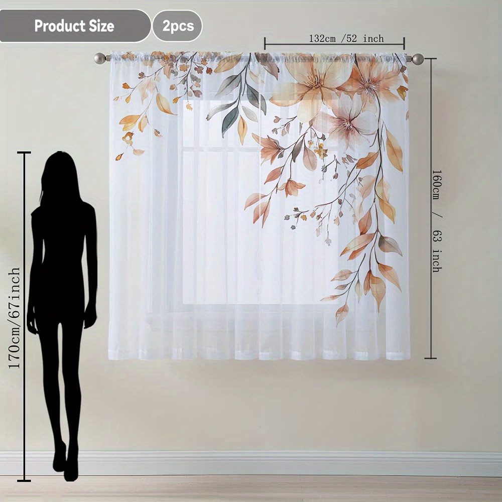 TEMU 2pcs Of Orange Floral And Leaf Printed Sheer Curtains With Rod Pocket, Flowing Drapes Suitable For Kitchen, Café, Living Room, Balcony, And