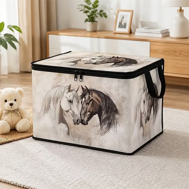 TEMU 1 Large Foldable Zippered Storage Box With A Design, Featuring A Vintage Equestrian Sketch With A Portrait Of 2 Horses. Suitable For Storing