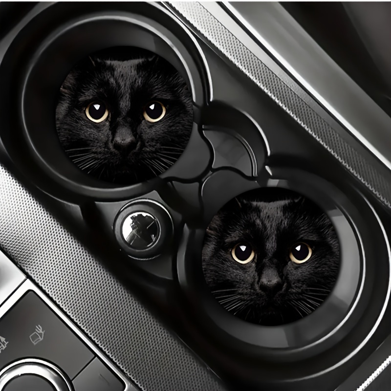 Image of 2pcs Black Cat Print Car Cup Holders - Durable Synthetic Rubber, Cute For Vehicle & Home Office Desk, Secure Drink Holders With Interior Accessory, Cat Accessories
