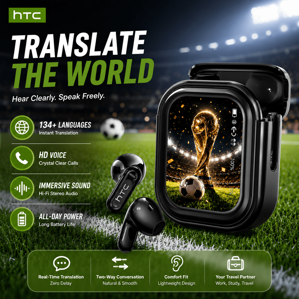 Image of Htc Ne20 2026 Edition Led Wireless Headphones, Equipped With Led Touchscreen, 136+ Languages For Translation, Wireless 6.0 Chip, 13mm Large-sized Speaker Driver Unit, 360-degree Audio, 30-hour Life