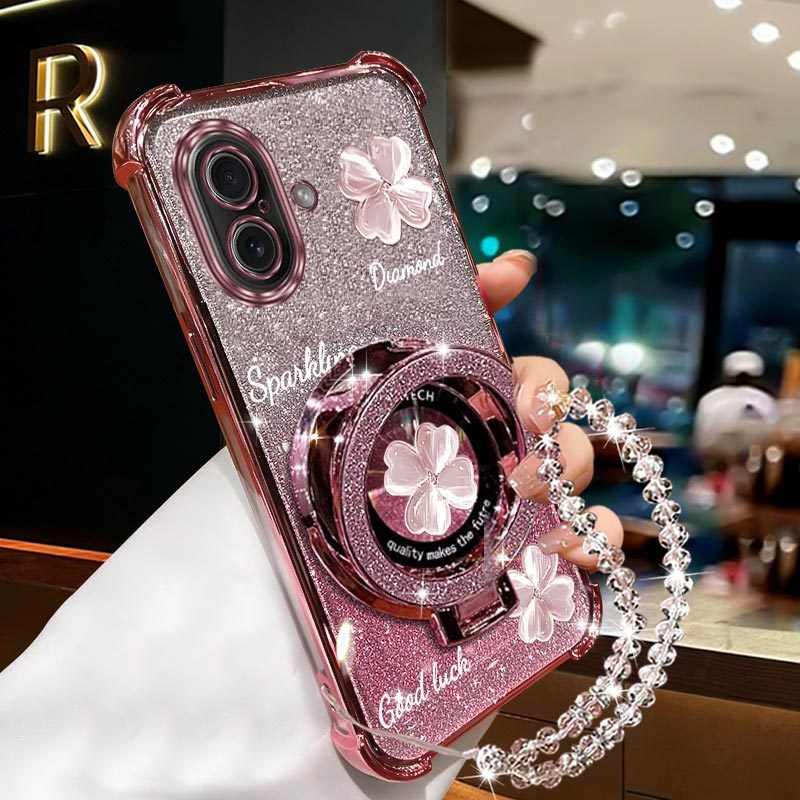 TEMU Phone Case - Premium Clover Wrist Strap Magnetic Glitter Phone Case For Iphone 16 Plus   For Iphone16plus Shockproof Stand Back Cover