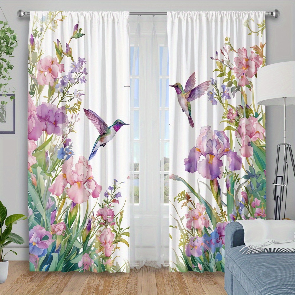 TEMU 2pcs Tissus de rideaux, Rideaux occultants isolants pour chambre à coucher, Imprimé de fleurs de oiseaux, Produits de fenêtre de fleurs et