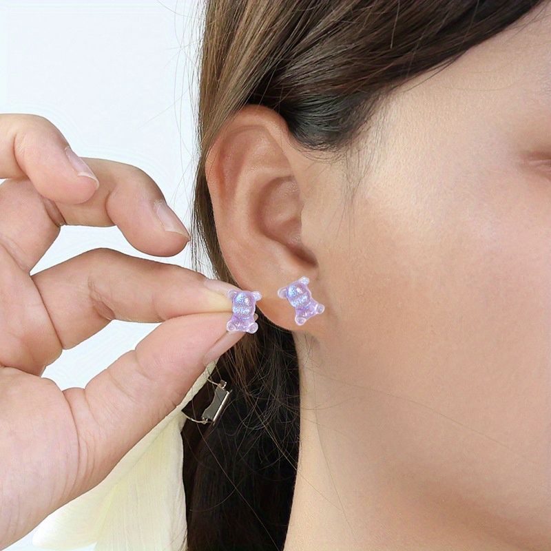 12pc Bling Bear Resin Stud Earrings Set for Sensitive Ears