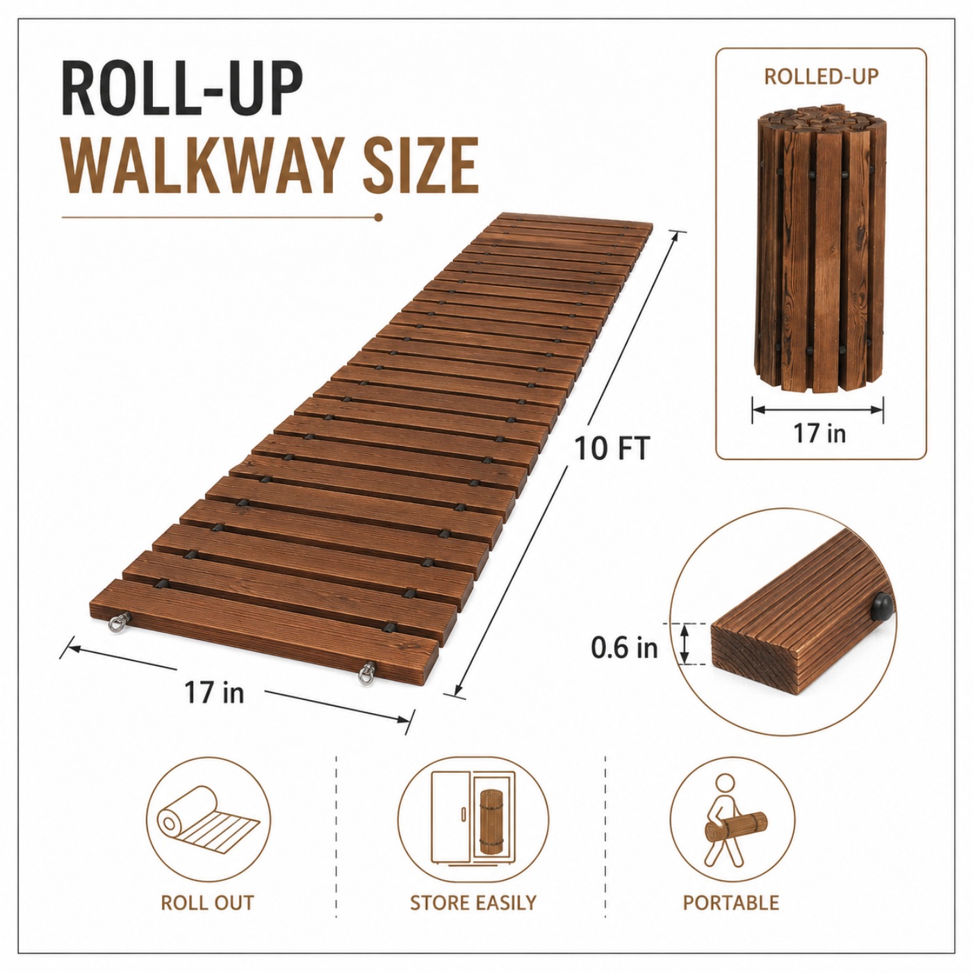 [2d Flat] 10ft X 17in Wooden Walkway Mat, 0.6in Thick Portable Outdoor Garden Pathway, Brown Wooden , Wood Path Flooring Mat For Yard, Grass, Beach, Patio And Camping