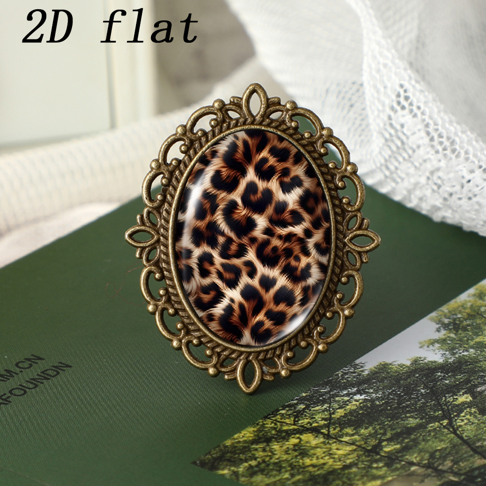 TEMU 1pc Leopard Print Oval Glass Badges, Versatile Ornament For Clothing And Backpacks, Unisex Vintage Hollow Lace Frame Alloy Badges