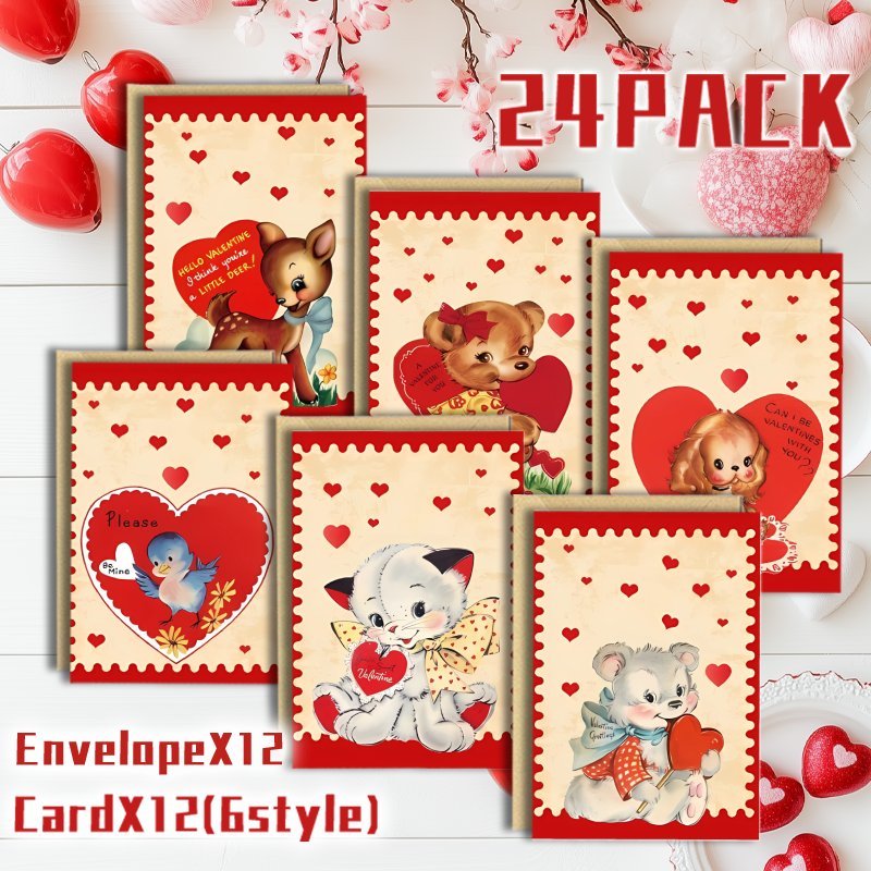 

24pcs Vintage Greeting Cards, Assorted Designs, Blank Inside, With Envelopes, For Valentine's Day, Christmas, New Year, And