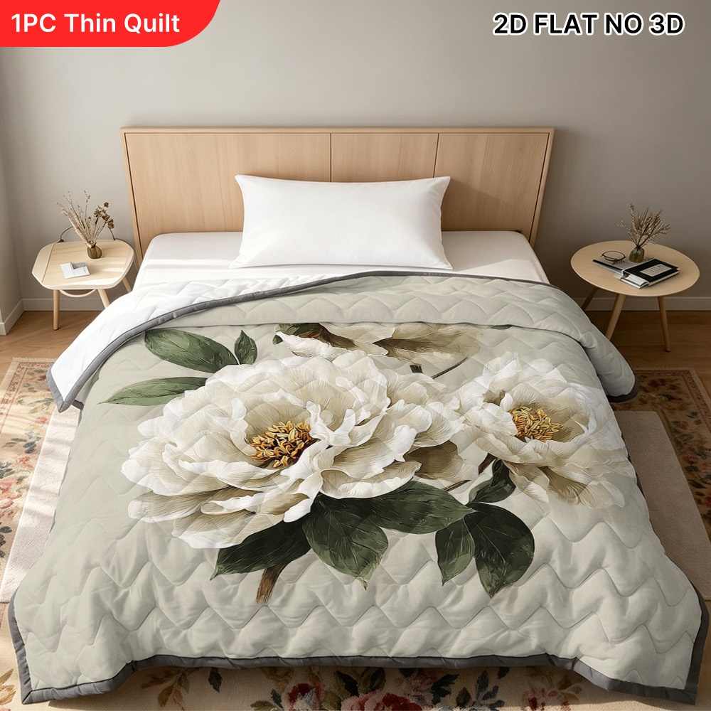 TEMU (2d Flat) 1pc Cooling Summer Quilt With White Peonies With Leaves Artwork, Slim And Lightweight Summer Blanket, Soft And Cooling, Perfect For