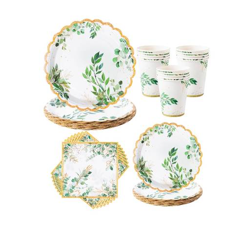 artikel foto 25 stuks gouden rand bloemblaadjes (7 inch + 9 inch + servetten + papieren beker), wegwerp borden, servetten, papieren bekers, papieren borden, servetten en papieren bekers feestartikelen, geschikt voor 25 gasten