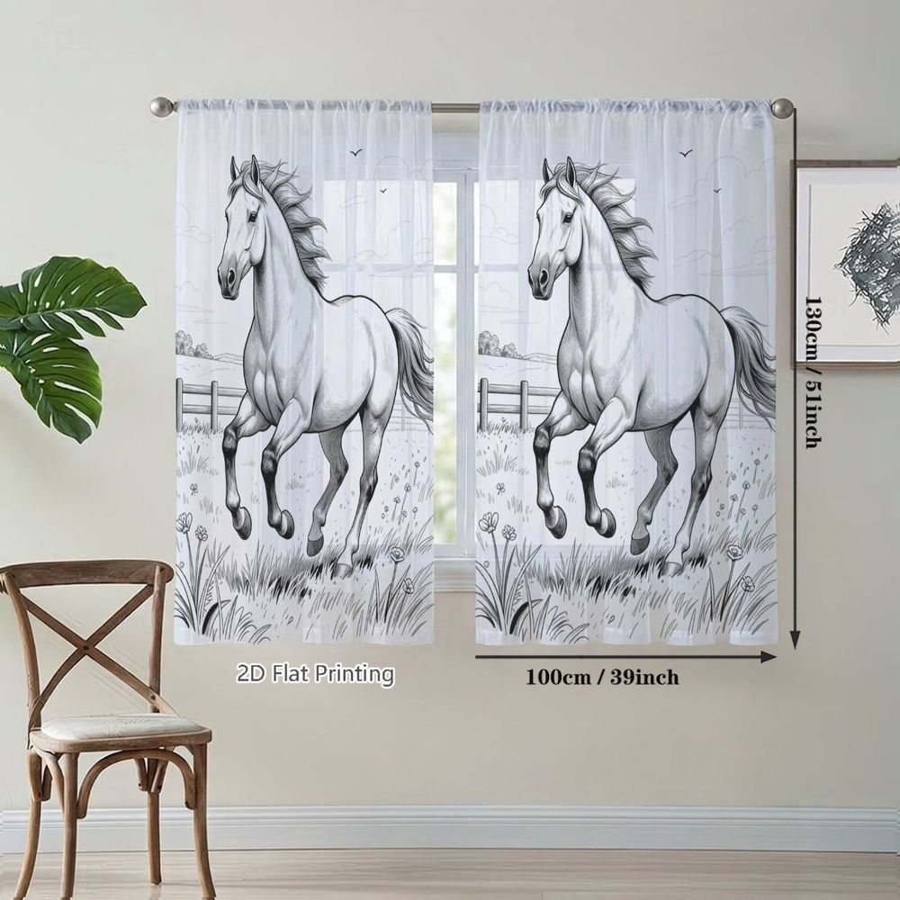 TEMU 2d Flat, 2pcs Small Semi-transparent Sheer Curtains, Dynamic Black And White Horse Pattern Print Decorative Drapes In Artistic Style, For Cafes,