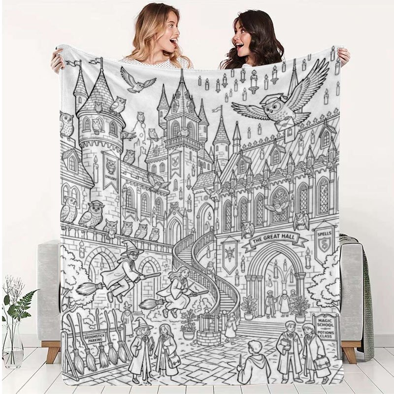 TEMU 1pc Halloween And Christmas 2d Printed Flannel Blanket, Castle Owl Print Flannel Blanket, Soft, Skin-friendly, And Warm For , Wizard-themed