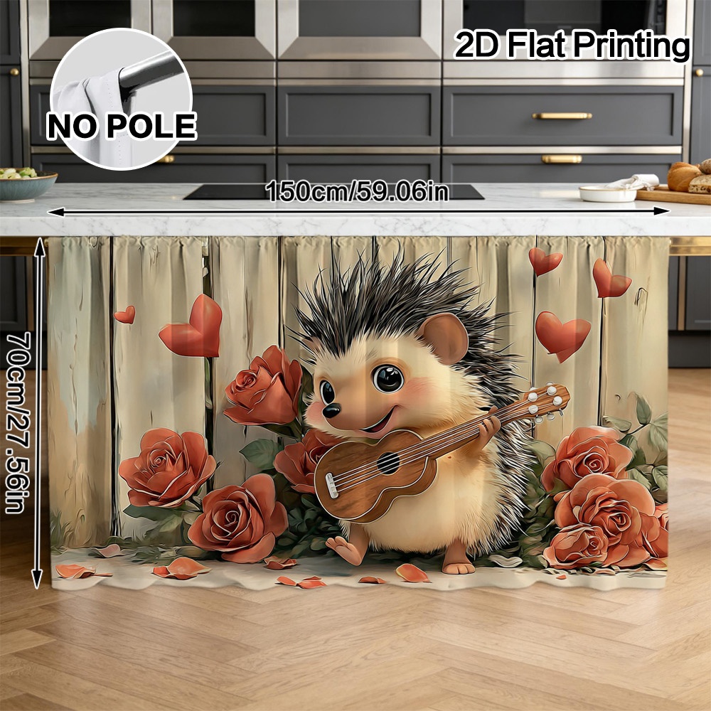TEMU Rideau de Couverture Décoratif de Cuisine 2D Plat, 1 pièce, Motif Hérisson de Saint-Valentin Jouant de la Guitare, Passe-Tringle Outils,